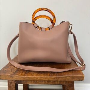 Purse  Tan / Beige  With Round Acrylic Handles And Shoulder Strap